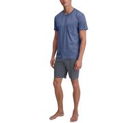 Shorty CALIDA "Relax Imprint 3", Damen, Gr. L (52/54), coastal fjord, Single Jersey, Obermaterial: 100% Baumwolle, bequem kurz, V-Ausschnitt, Homewear-Sets, kurzarm, Rundhals, Brusttasche (20223648-L)