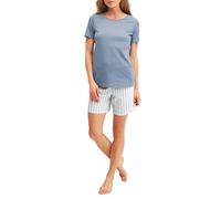 Shorty CALIDA "Striped Dreams", Damen, Gr. XS (36/38), aura blau, Interlock, Obermaterial: 100% Baumwolle, Basic kurz, Rundhals, Homewear-Sets Shorty, weich, Pure Cotton, Kurzarm, Rundhals, Interlock-