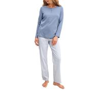 Schlafanzug CALIDA "Striped Dreams", Damen, Gr. L (48/50), aura blau, Interlock, Obermaterial: 100% Baumwolle, bequem lang, Rundhals, Homewear-Sets Schlafanzug, aus weicher Interlock-Qualität, mit lan