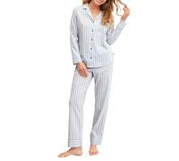 CALIDA Striped Dreams Pyjama Damen, mit Knöpfen, 100% Dicke Bio Baumwolle, wärmend, hautfreundlich, atmungsaktiv, pflegeleicht