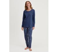 Schlafanzug CALIDA "Fruity Dreams", Damen, Gr. XS (36/38), blau (cobalt blau), Single Jersey, Obermaterial: 100% Baumwolle, casual, lang, Rundhals, Langarm, Homewear-Sets, Rundhals, Langarm, Pure Cott