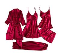 callmo Damen Pyjama 5-Teiliges Set Damen NachtwäSche Sexy Dessous Satin Pyjama Damen Nachthemd Seide Sexy Spitze Bademantel Morgen Winter Stitching Pyjama Negligee Damen Nachthemd Damen Sexy