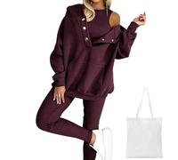Calmlily 3-teiliges Hoodie-Set Für Damen, Calmlily Einfarbiger, übergroßer Kapuzenpullover Mit Knopfleiste, Calmlily übergroßer, Lässiger 3-teiliger Sweatshirt-Anzug Mit Kapuze (Lilarot,Groß)