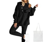 Calmlily 3-teiliges Hoodie-Set Für Damen, Calmlily Einfarbiger, übergroßer Kapuzenpullover Mit Knopfleiste, Calmlily übergroßer, Lässiger 3-teiliger Sweatshirt-Anzug Mit Kapuze (Schwarz,XX-Large)