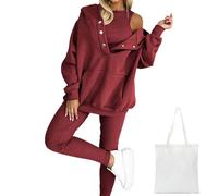 Calmlily 3-teiliges Hoodie-Set Für Damen, Calmlily Einfarbiger, übergroßer Kapuzenpullover Mit Knopfleiste, Calmlily übergroßer, Lässiger 3-teiliger Sweatshirt-Anzug Mit Kapuze (tiefrot,S)