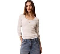 Calvin Klein Damen Langarmshirt Woven Label 2X2 Baby Gerippt, Grau (Snow Heather), L