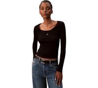Langarmshirt CALVIN KLEIN JEANS "LS WOVEN LABEL 2X2 RIB SCOOP NEC", Damen, Gr. S (38), schwarz, Web, Obermaterial: 94% Baumwolle, 6% Elasthan, unifarben, regular fit normal, Rundhals, eingesetzt gerad