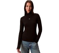 Shirttop CALVIN KLEIN JEANS "LS WOVEN LABEL TURTLENECK", Damen, Gr. XS (36), schwarz, Web, Obermaterial: 94% Baumwolle, 6% Elasthan, unifarben, regular fit normal, Rundhals, eingesetzt gerader Abschlu