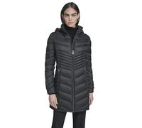 Calvin Klein Damen Steppmantel mit Kapuze, Chevron-Steppdecke, schlankmachend, lange Winterjacke, Schwarz, M
