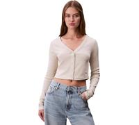 Calvin Klein Damen Strickjacke Cardigan Woven Label Rib mit Knopfleiste, Elfenbein (Ba01 Grey Heather), XL