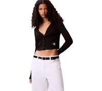 Calvin Klein Damen Strickjacke Cardigan Woven Label Rib mit Knopfleiste, Schwarz (Black), M