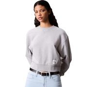 Sweatshirt CALVIN KLEIN JEANS "FRENCH TERRY WOVEN LABEL CREW", Damen, Gr. L, bc06 grau heather, Sweatware, Obermaterial: 100% Baumwolle, meliert, regular fit kurz, Rundhals, eingesetzt Rippbündchen, S