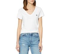 Calvin Klein Damen T-Shirt Kurzarm Ck Embroidery V-Ausschnitt, Weiß (Bright White), L