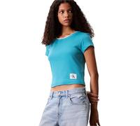 Calvin Klein Damen T-Shirt Kurzarm Woven Label Rib Baby Tee mit Rundhalsausschnitt, Türkis (Tuscan Teal), XS