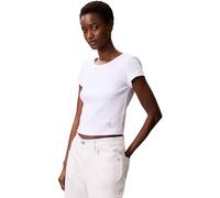 Calvin Klein Damen T-Shirt Kurzarm Woven Label Rib Baby Tee mit Rundhalsausschnitt, Weiß (Brilliant White), M