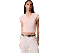 Calvin Klein Damen T-Shirt Kurzarm Woven Label Rib Tee mit V-Ausschnitt