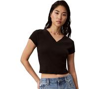 Calvin Klein Damen T-Shirt Kurzarm Woven Label Rib Tee mit V-Ausschnitt