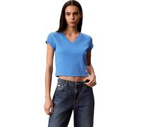 Calvin Klein Damen T-Shirt Kurzarm Woven Label Rib Tee mit V-Ausschnitt