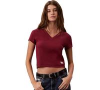 Calvin Klein Damen T-Shirt Kurzarm Woven Label Rib Tee mit V-Ausschnitt