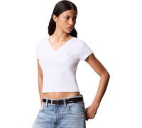 Calvin Klein Damen T-Shirt Kurzarm Woven Label Rib Tee mit V-Ausschnitt, Weiß (Brilliant White), S