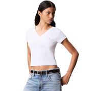 Calvin Klein Damen T-Shirt Kurzarm Woven Label Rib Tee mit V-Ausschnitt, Weiß (Brilliant White), XXL