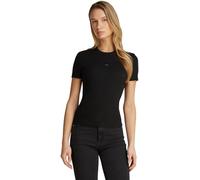 Calvin Klein Damen T-Shirt Kurzarm Woven Label Rib Tee Slim Fit, Schwarz (Ck Black), XS