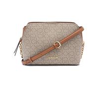 Calvin Klein Damen Triple Compartment Chain Crossbody Hailey Signature Umhängetasche mit 3 Fächern, Strukturierte Mandel/Taupe/Karamell Linear