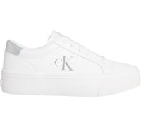 Plateausneaker CALVIN KLEIN JEANS "VULC FLATF LTH SILVER LOGO TAG", Damen, Gr. 41, silber (weiß, silberfarben), Leder, Lederimitat, unifarben mit Farbeinsatz, sportlich, Schuhe, Halbschuh, Schnürschuh