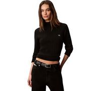 Rollkragenpullover CALVIN KLEIN "WOVEN LABEL T-NECK SWEATER", Damen, Gr. XS, schwarz, Web, Obermaterial: 100% Baumwolle, unifarben, regular fit taillenbedeckt, Rundhals, eingesetzt gerader Abschluss,