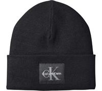 Strickmütze CALVIN KLEIN "MONOLOGO PATCH BEANIE", Damen, schwarz, Strick, Viskosemischung, unifarben, casual, Mützen, Perfekt für den Alltag (67913707-0) schwarz