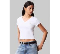 Calvin Klein Damen T-Shirt Kurzarm Woven Label Rib Tee mit V-Ausschnitt, Weiß (Brilliant White), M