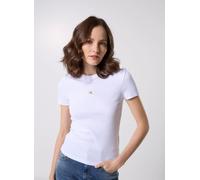 Calvin Klein Damen T-Shirt Kurzarm Woven Label Rib Tee Slim Fit, Weiß (Brilliant White), M