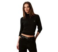 Rollkragenpullover CALVIN KLEIN "WOVEN LABEL T-NECK SWEATER", Damen, Gr. S, schwarz, Web, Obermaterial: 100% Baumwolle, unifarben, regular fit taillenbedeckt, Rundhals, eingesetzt gerader Abschluss, P