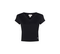 T-Shirt CALVIN KLEIN JEANS "A- SS WOVEN LABEL RIB VNECK TEE", Damen, Gr. S (38), schwarz, Rippware, Obermaterial: 95% Baumwolle, 5% Elasthan, unifarben, feminin, figurbetont taillenbedeckt, V-Ausschni