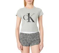 Calvin Klein Kurzes Pyjama-Set für Damen, graue Oberseite, Tasche, Mini-Giraffe, Grau, Größe L