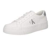 Plateausneaker CALVIN KLEIN JEANS "VULC FLATF LTH SILVER LOGO TAG", Damen, Gr. 40, silber (weiß, silberfarben), Leder, Lederimitat, unifarben mit Farbeinsatz, sportlich, Schuhe, Halbschuh, Schnürschuh