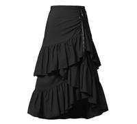 CAMDOM Damenrock, mehrlagiger Rüschenrock, asymmetrischer Saum, Midirock, Kordelzug an der Taille, A-Linie, fließender Sommerrock, Schwarz, X-Small/Small