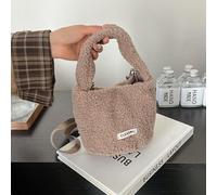 Camel-Teddy-Fleece-Mini-Eimer-Tasche für Damen, koreanisch, lässig, Etikett, Dekoration, Handheld, abnehmbarer Riemen, Crossbody-Portemonnaie