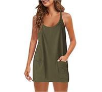 Cami Dress for Women with Shorts Spaghetti Strap Tank Tops with Pockets Summer Casual 2 Piece Outfits (ArmyGreen,L)