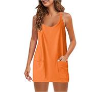 Cami Dress for Women with Shorts Spaghetti Strap Tank Tops with Pockets Summer Casual 2 Piece Outfits (Orange,L)
