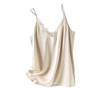 Cami Top,Damen V-Ausschnitt Spitzenbesatz Camisole Weste Champagner Nachahmung Seidensatin Slim Fit Sexy Spaghetti Base Shirt Elegante Cami Tank Tops Sommer Casual Ärmellose Tops T-Shirt Bluse,M