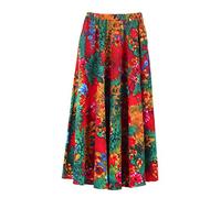 Camilife Damen Leinen Baumwolle Blumen Maxirock Langer Rock mit Seitentaschen Elastischer Bund Bohemian Retro Vintage Rock Länge 90 cm Größe 34/36/38/40/42, A61 Rot & Grün, SM
