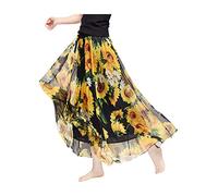Camilife Damen-Strandrock aus Chiffon mit Blumenmuster, Maxirock, langer Rock, bedruckter Chiffonrock, weich, glatt, dünn, cool für den Sommer, Rocklänge 80 cm / 90 cm, mehrfarbig, groß