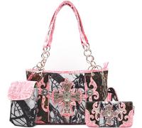 Camouflage Cross Wings Western Style Studded Handbag Tooled Leather Purse Country Women Shoulder Bag Pouch Wallet Set