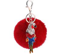 Canarea Keychain Schlüsselanhänger plüsch ball Taschenanhänger strass bommel Elegant Plüsch-Kugel Auto-Anhänger Pompom Weich Schlüsselring mit Strass Handarbeit Papagei Tier (Rot)