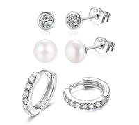 Candyfancy Ohrringe Set für Mehrere Ohrlöcher - Silber 925, 3er Set mit Zirkonia Creolen, Klein und 6mm Süßwasserperlen Ohrstecker