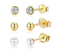 Candyfancy Ohrringe Set für Mehrere Ohrlöcher - Silber 925 Vergoldete 3er Ohrringe - Damen/Mädchen - Winzige Klein Mini 3mm Echte Weiß Süßwasser-Zuchtperlen - Runde Kugel Zirkonia Ohrstecker