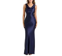 Canli4Y Damen Elegante Satinkleid Maxikleid Partykleid Abendkleider Sexy Sommer Rückenfrei Satin Lange Kleider für Party Cocktail Hochzeitsgäste Marineblau M