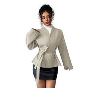 Canli4Y Damen Kurzer Mantel mit Gürtel Vintage Coat Stil Einfaches Ärmel Wickel Trench Jacke Übergangsjacke für Winter Herbst Beige S
