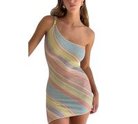 Canli4Y Damen Strickkleid Gestreiftes Bodycon One-Shoulder Minikleid Asymmetrischer Saum Elegant Party Festlich Kleid Schulterfrei Freizeitkleid Rosa-Blau M